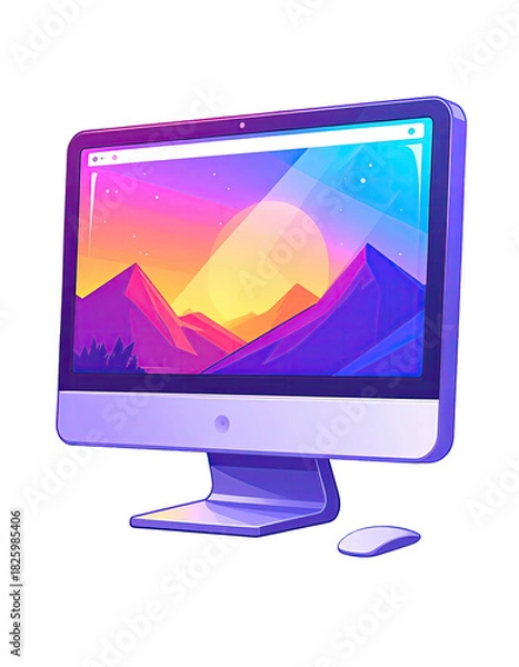 Obraz Computer with purple mountains and sunset desktop