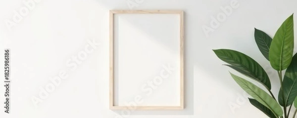 Fototapeta Crisp white wooden frame hangs against a smooth white wall , clean lines, backdrop, wooden