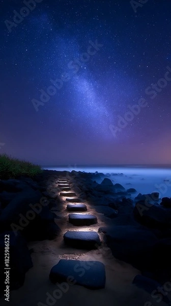 Obraz Starry Night Sky Over Rocky Beach with Pathway Leading to Ocean