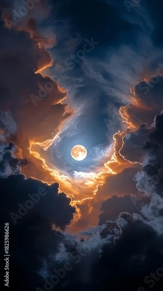 Obraz Full Moon Bright Night Sky with Dramatic Cloud Coverage in Dark Atmosphere