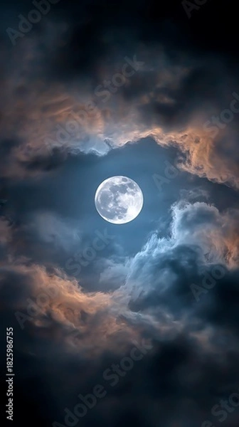 Obraz Bright Full Moon Illuminating Cloudy Night Sky with Dark and Light Clouds in Dramatic Atmosphere