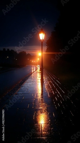 Obraz Night Street Lamp Post Reflection on Wet Pavement at Sunset