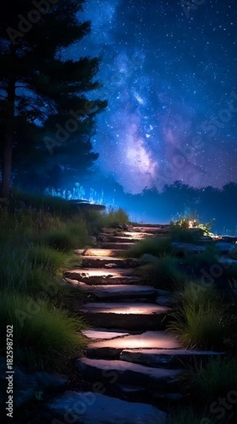 Obraz Night Sky with Milky Way Over Rocky Path in Forest Under Starry Sky