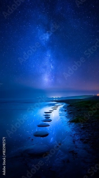 Obraz Serene Night Beach Scene Under Starry Sky with Milky Way Over Calm Water and Pebbled Shore