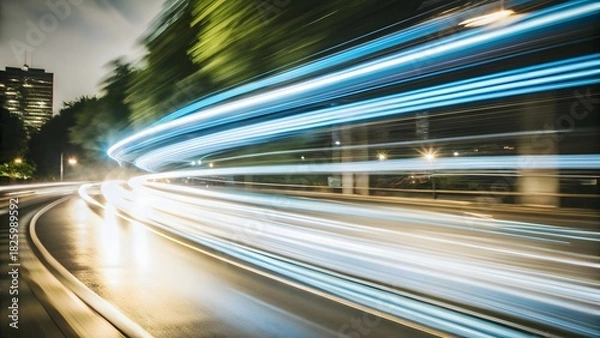 Obraz Streaks of light illuminate a curving roadway at night showcasing motion blur