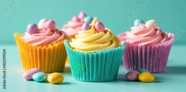 Fototapeta Assorted Easter candies nestled in bright cupcake liners , candy, wrappers, spring