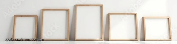 Fototapeta Several empty rustic wooden picture frames against a soft white wall, design, gallery, decor