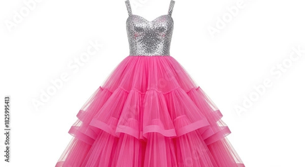 Fototapeta Elegant pink princess prom ball gown with sparkling sequined bodice and tiered skirt isolated PNG with Transparent Background