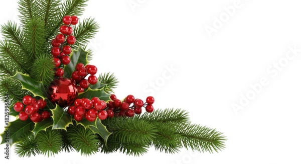 Fototapeta Festive Christmas corner border with green pine, red holly berries, and space for text isolated PNG with Transparent Background