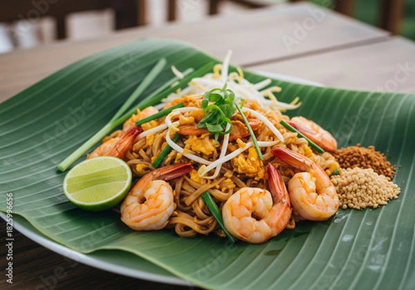 Obraz Pad Thai with prawns served on a banana leaf	