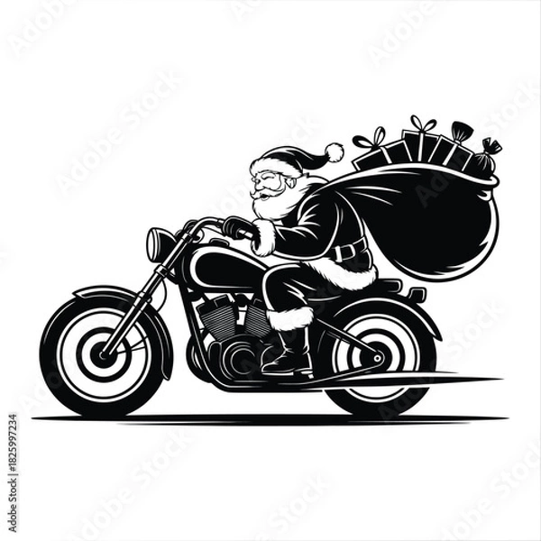 Obraz Santa claus riding a vintage motorcycle with gift bag in bold Christmas silhouette vector artwork, Ideal for holiday branding, festive merchandising, winter print designs, and creative seasonal artwor
