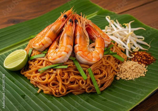 Obraz Pad Thai with prawns served on a banana leaf	