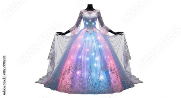 Fototapeta Elegant glowing princess gown with multicolored LED lights on a mannequin for fantasy fashion. isolated PNG with Transparent Background