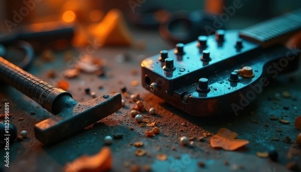 Fototapeta Blurred image of thrashing instruments and equipment, blurred, noise