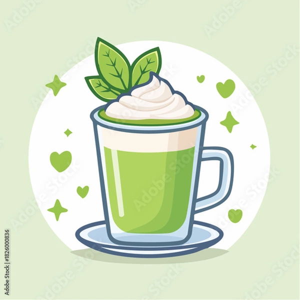 Fototapeta Pixel Art Matcha Latte With Whipped Cream and Mint Leaves On A Saucer With Sparkle Decorations