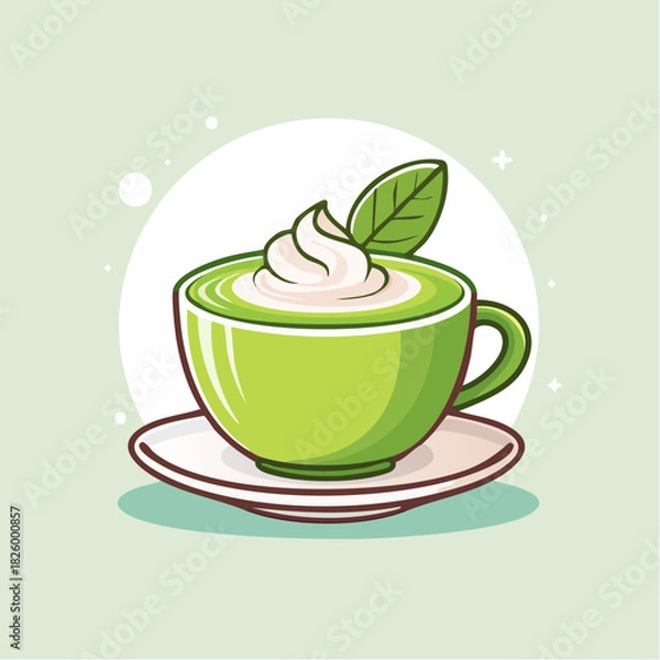 Fototapeta Pixel Art Matcha Latte With Whipped Cream And Mint Leaf In A Green Cup On A Saucer Against A Light Green Background
