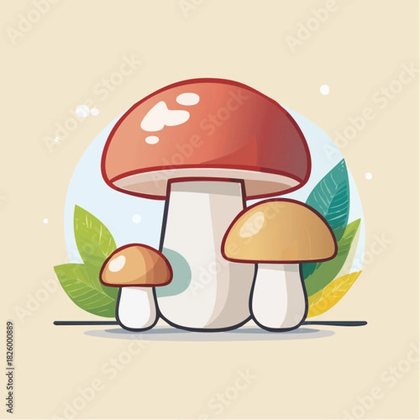 Fototapeta Three Cartoon Mushrooms With Red And Brown Caps And Green Leaves In A Soft Yellow Background