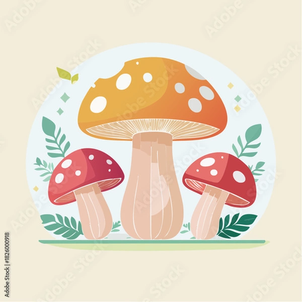 Fototapeta Whimsical Pixel Art Mushroom Family Surrounded by Lush Green Foliage in Soft Pastel Colors
