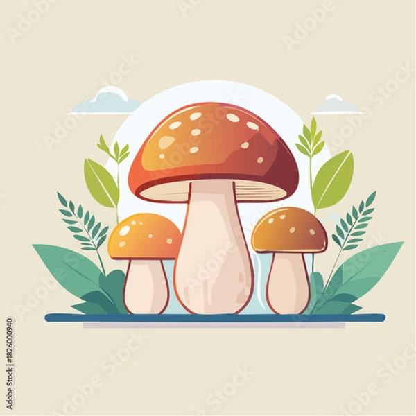 Fototapeta Whimsical Forest Trio With Three Orange Caps And White Stems Surrounded By Green Foliage And Pale Blue Clouds