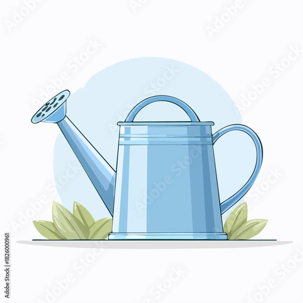 Fototapeta A Blue Metal Watering Can With a Light Blue Background And Green Plants On A White Surface