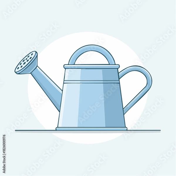 Fototapeta Light Blue Watering Can With Handle and Spout on a Pale Blue Circular Background with a Flat Grey Line Base
