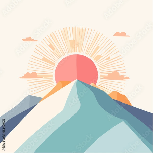Fototapeta Serene Mountain Peaks Under A Radiant Rising Sun With Soft Clouds And Warm Hues Illuminating The Landscape In A Minimalist Style