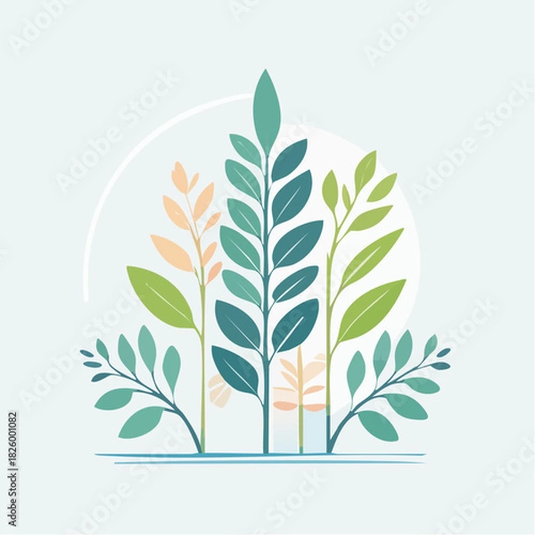 Fototapeta Abstract Botanical Illustration of Green and Peach Leaves with Blue Water Element on Light Blue Background