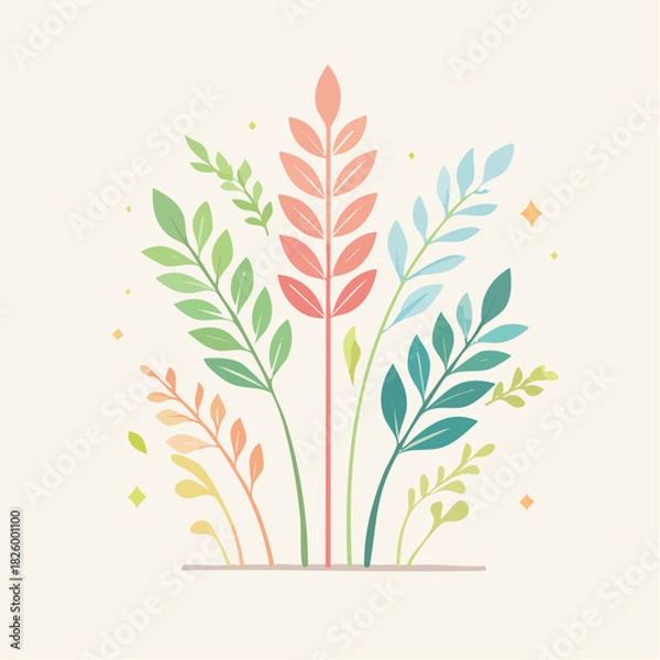 Fototapeta Delicate Pastel Botanical Illustration With Abstract Sprinkles And Soft Light Colors On A Cream Background