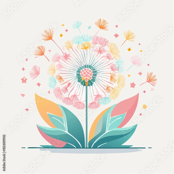 Fototapeta Stylized Dandelion With Floating Seeds In Pastel Colors Against A Light Background With Leaf Motifs