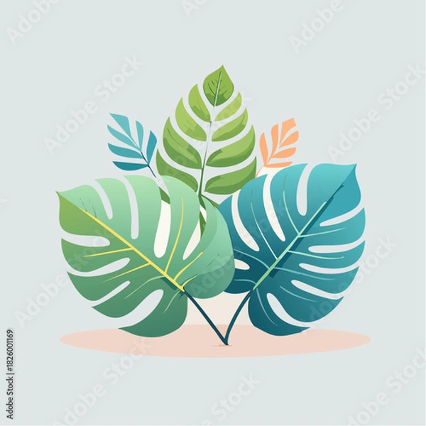 Fototapeta Monstera Leaves In Shades Of Green Blue And Orange Against A Light Grey Background With Subtle Lighting