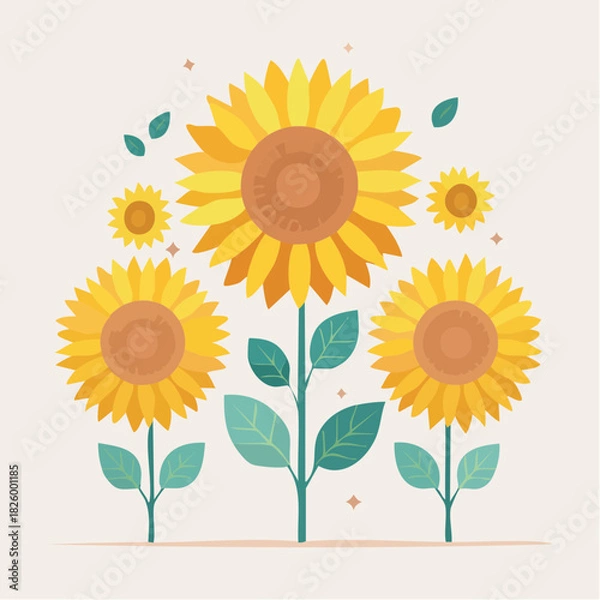 Fototapeta Several Sunflowers With Yellow Orange Petals And Green Leaves On A Light Beige Background With Small Orange Sparkles
