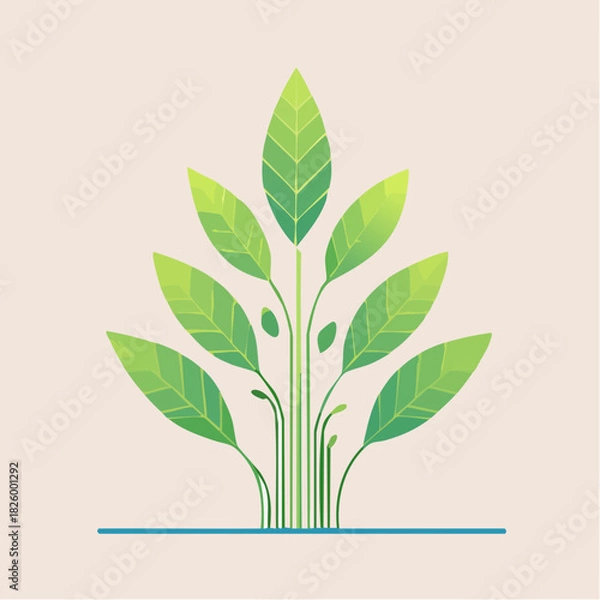 Fototapeta Stylized Green Plant With Large Leaves Growing Out Of A Thin Blue Line On A Light Cream Background Minimalist Nature Graphic