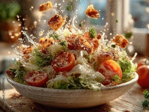 Fototapeta Fresh Salad with Dynamically Splashing Ingredients in White Bowl, Bright Kitchen with Natural Lighting