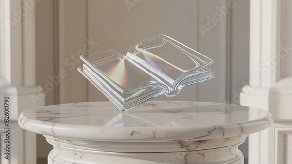 Fototapeta Iridescent Glass Book on Marble Plinth: Symbol of Knowledge, Innovation and Illumination.