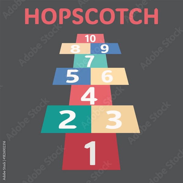 Fototapeta Colorful hopscotch child game , fun outdoor activity for kids. Flat vector illustration isolated on white background. Children street game and playground.