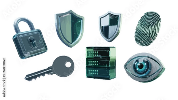 Fototapeta Cybersecurity and Data Protection Icons – 3D Set Featuring Padlock, Shield, Fingerprint, Key, and Server