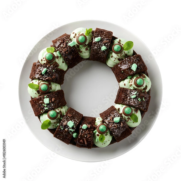 Fototapeta Chocolate Brownie Wreath Cake with Mint Green Frosting and Chocolate Candy Decorations isolated on a transparent background 