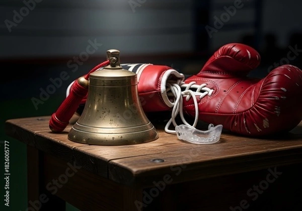 Fototapeta Boxing bell and gloves arranged on a wooden table in a dimly lit setting