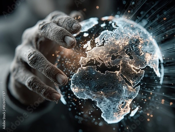 Fototapeta Person Interacting with Glowing Blue Holographic Globe and Digital Icons, Futuristic Global Network Tech Concept