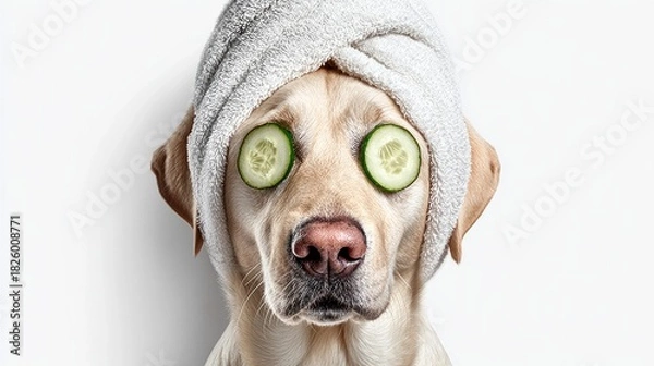 Fototapeta Relaxed labrador retriever with cucumber slices on eyes, spa day concept