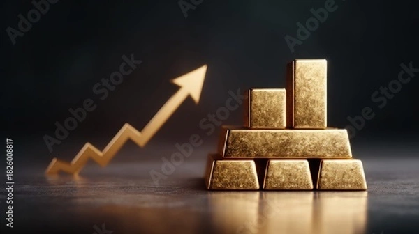 Fototapeta Gold bars with an upward arrow, symbolizing financial growth and investment