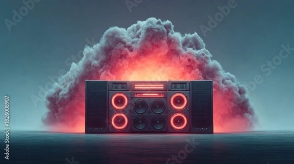 Fototapeta Futuristic boombox with glowing red lights and a cloud of smoke