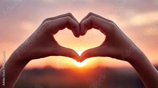 Fototapeta Hands forming a heart shape with the sun setting in the background