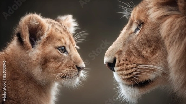 Fototapeta Lion cub and lioness face to face, a tender moment of connection