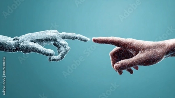 Fototapeta Human and robot hands touching, representing technology and connection