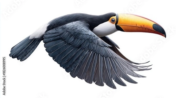 Fototapeta A vibrant toucan in flight against a clean white background, perfect for design