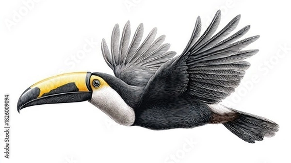 Fototapeta A vibrant illustration of a flying toucan with a large, colorful beak