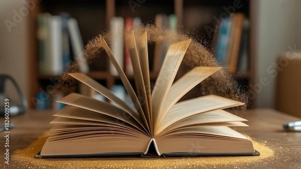 Fototapeta The Power of Knowledge: An Open Book with Sparkle Particles Releasing its Secrets