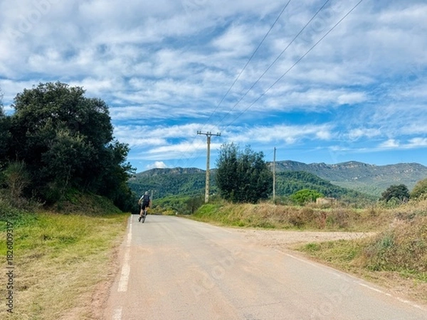 Obraz Distant Cyclist on Paved Road with Mountain View and Clear Sky