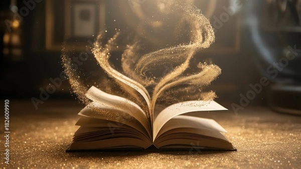 Fototapeta Book on a Table Releasing Knowledge Into the World with Shimmering Golden Light